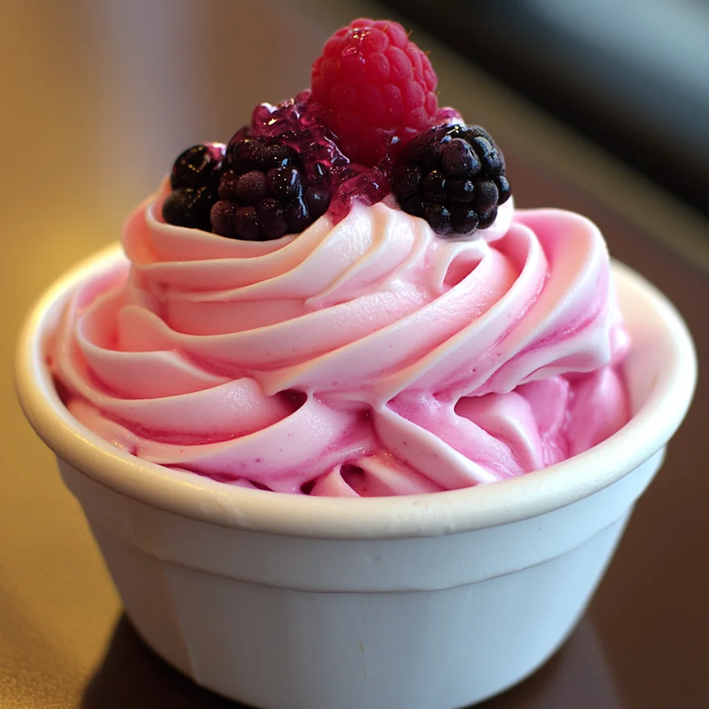 Easy Healthy Homemade Pinkberry Frozen Yogurt Recipe Pinkberry Frozen Yogurt Pink frozen yogurt swirl topped with a strawberry and blueberries in a white cup