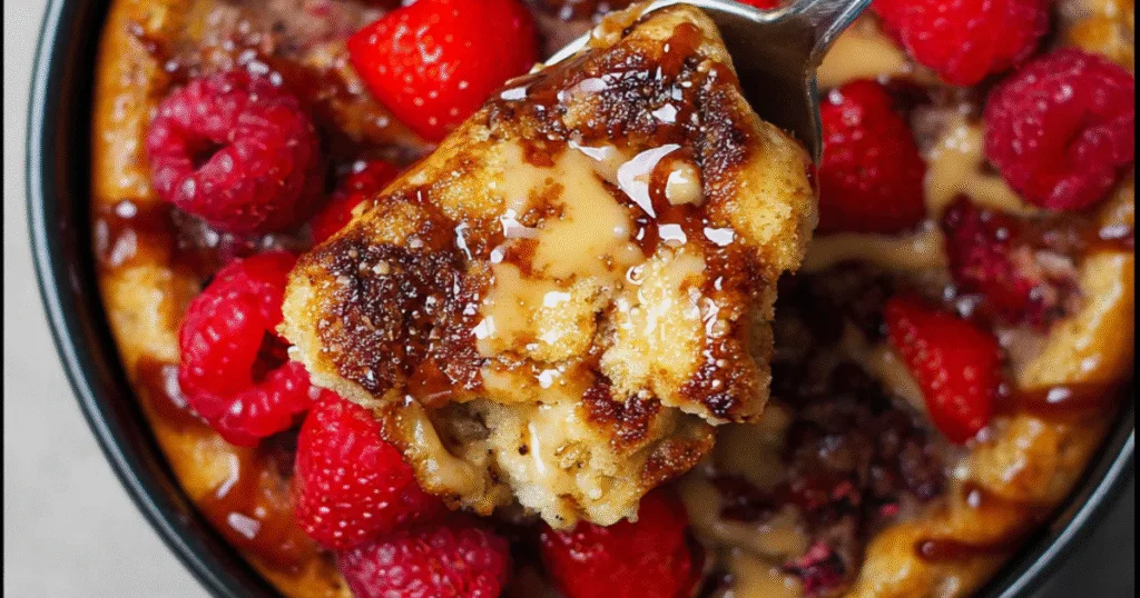Spoonful of baked protein pancake with raspberries and peanut butter drizzle