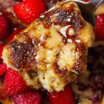 Spoonful of baked protein pancake with raspberries and peanut butter drizzle