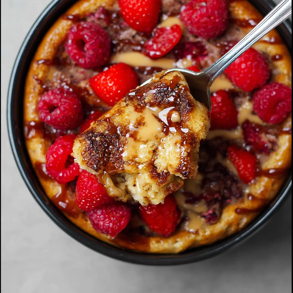 The Ultimate Protein Pancake Bowl: High Protein Breakfast Made Easy Protein Pancake Bowl Spoonful of baked protein pancake with raspberries and peanut butter drizzle