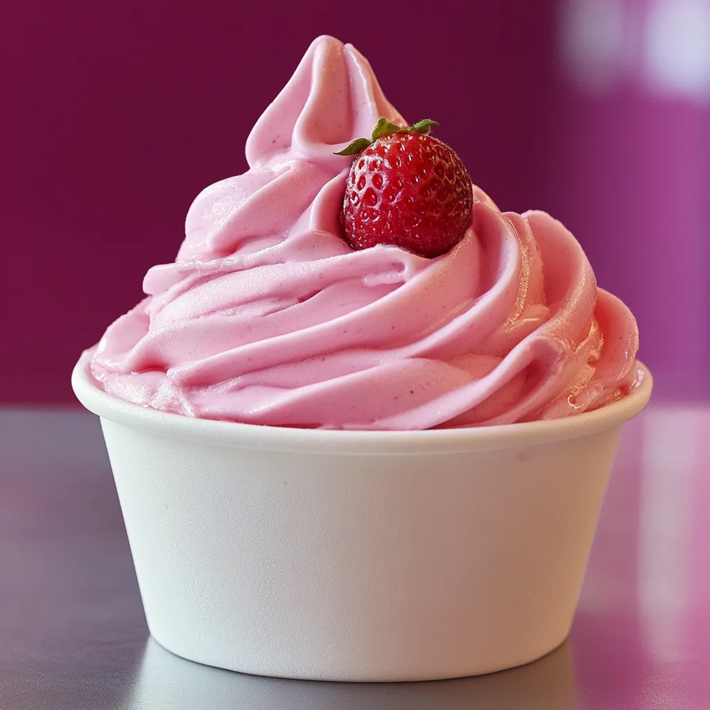Easy Healthy Homemade Pinkberry Frozen Yogurt Recipe Pinkberry Frozen Yogurt Pink frozen yogurt with frozen raspberries in a pink swirl cup