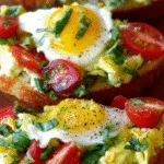 Simple breakfast bruschetta on toast with scrambled eggs, tomatoes, and basil.