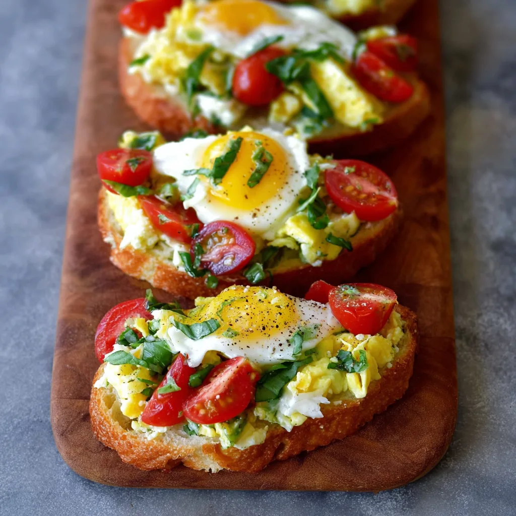 Easy Healthy Breakfast Bruschetta Recipe Breakfast Bruschetta Simple breakfast bruschetta on toast with scrambled eggs, tomatoes, and basil.