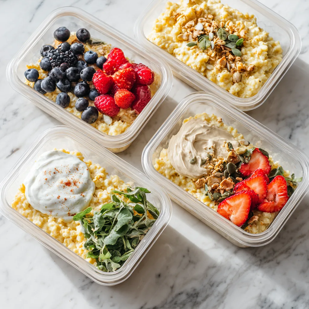 Wake Up to Scrambled Oats: A Protein-Packed, Clean Breakfast You’ll Love Scrambled Oats Scrambled oats meal prep containers with a variety of toppings including berries, yogurt, and greens.