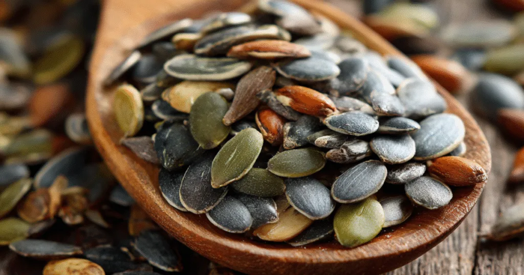 Wooden spoon scooping sunflower, flax, and pumpkin seeds