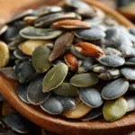 Wooden spoon scooping sunflower, flax, and pumpkin seeds