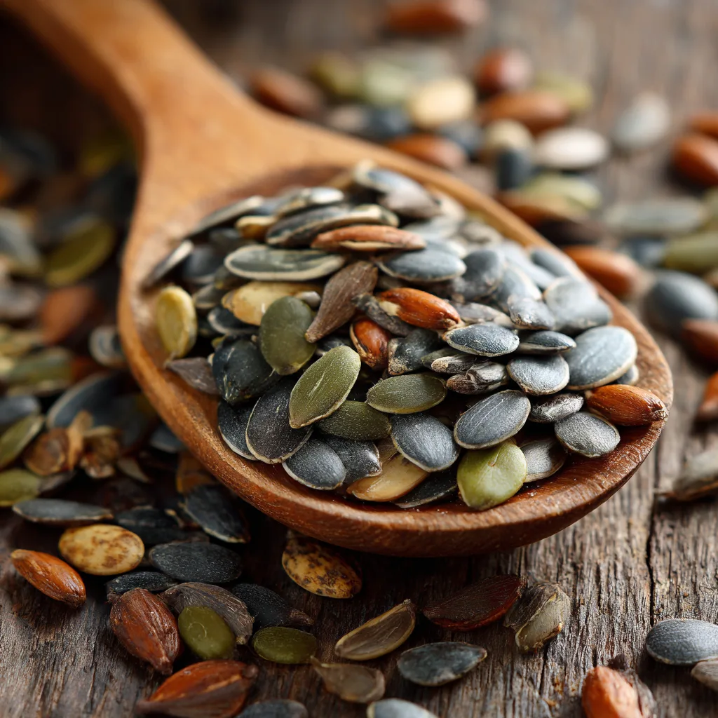 The Ultimate Bariatric Seed Recipe – Tasty, Easy, and Weight Loss-Boosting! Bariatric Seed Recipe Wooden spoon scooping sunflower, flax, and pumpkin seeds