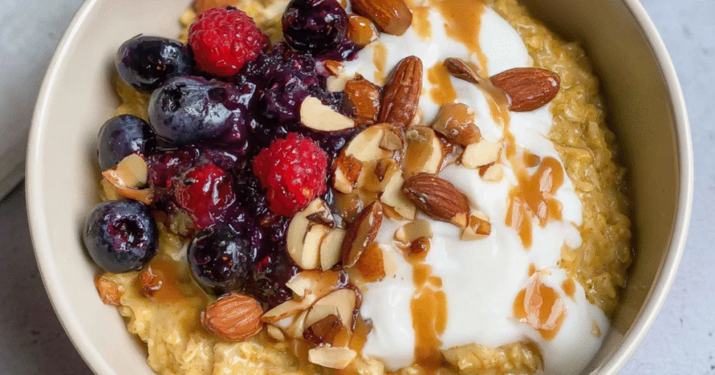 Sweet scrambled oats in a bowl topped with yogurt, berries, almonds, and caramel drizzle.
