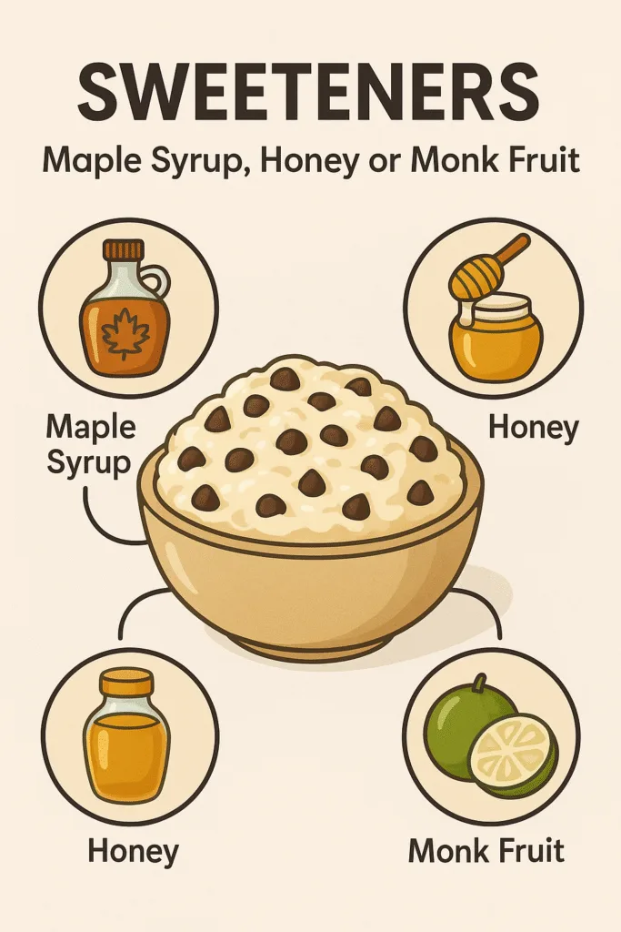 Infographic comparing maple syrup, honey, and monk fruit as sweeteners in cottage cheese cookie dough.