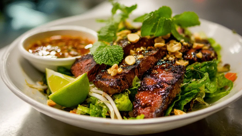 Vietnamese Beef Salad Recipe - High Protein & Gluten-Free Vietnamese Beef Salad Assembled Vietnamese Beef Salad with grilled steak and herbs