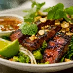 Assembled Vietnamese Beef Salad with grilled steak and herbs