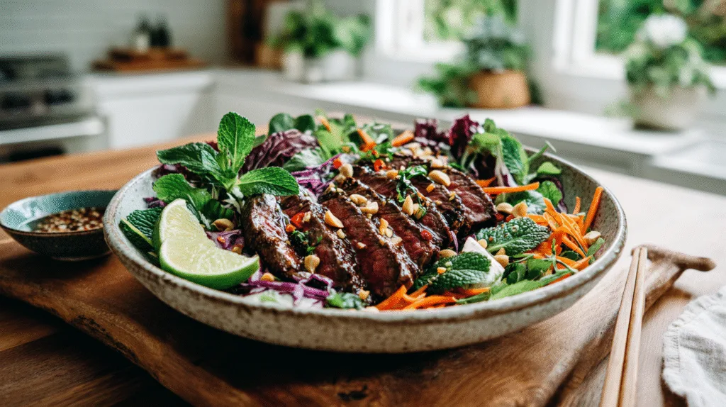 Vietnamese Beef Salad Recipe - High Protein & Gluten-Free Vietnamese Beef Salad Vietnamese Beef Salad beautifully plated with grilled hanger steak and herbs