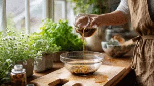 Juicy Korean Style Steak Recipe for Bold Flavor & Easy Prep Korean Style Steak Whisking Korean steak marinade with soy sauce and ginger in a bright kitchen