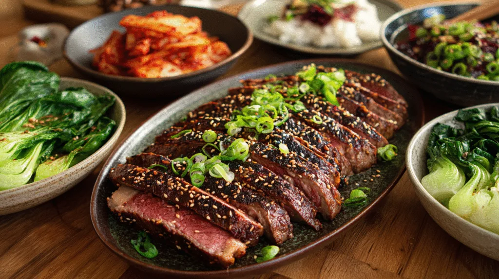Juicy Korean Style Steak Recipe for Bold Flavor & Easy Prep Korean Style Steak Sliced Korean steak served with kimchi and garnish