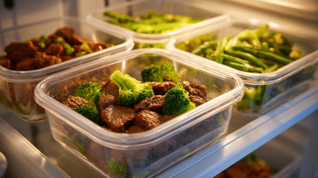 Stored steak and broccoli stir fry in containers