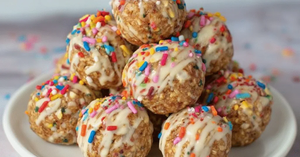 Protein balls with vanilla glaze and multicolored sprinkles stacked on a dessert plate