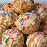 Protein balls with vanilla glaze and multicolored sprinkles stacked on a dessert plate
