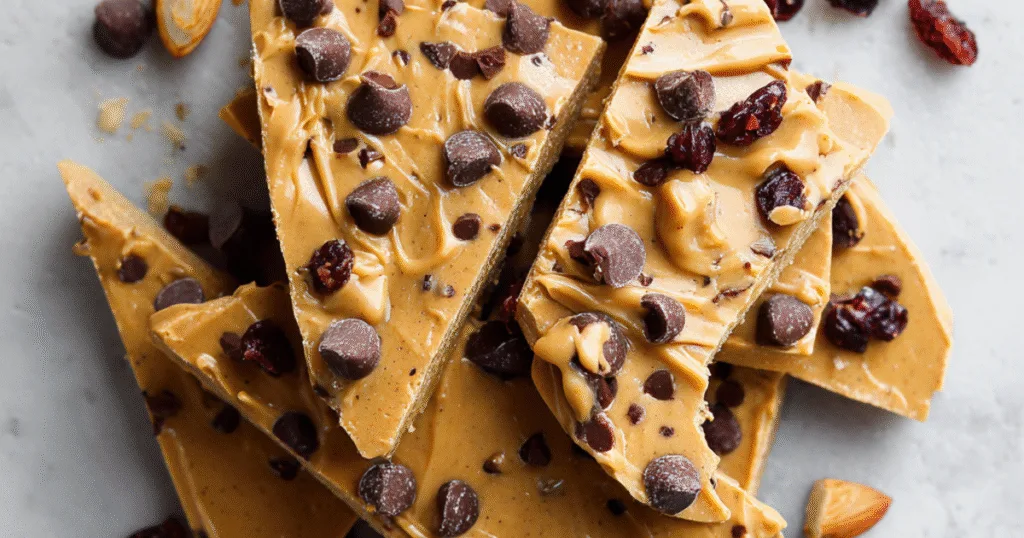 Vegan protein cookie dough bark with sprinkles on wooden board