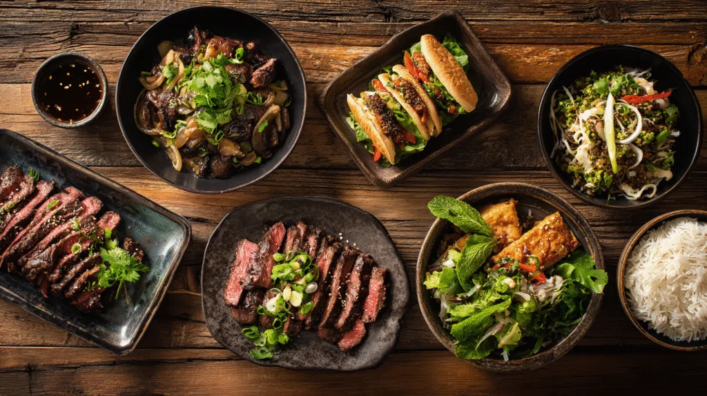 Seven plated hanger steak recipes on rustic table