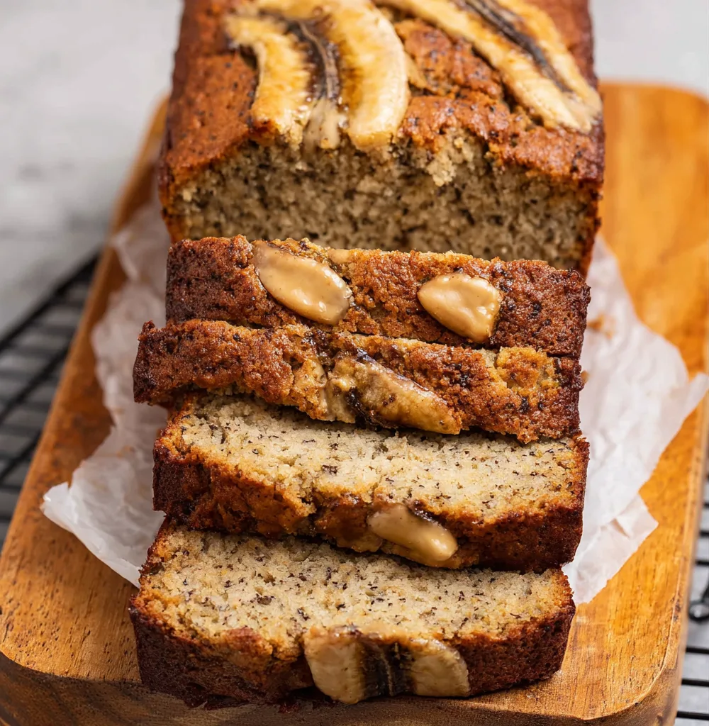 Baked almond flour banana bread with chopped almonds and chocolate