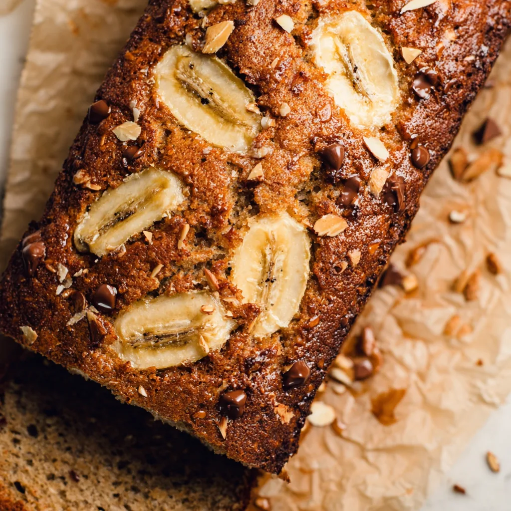 Sliced almond flour banana bread with melted chocolate chips