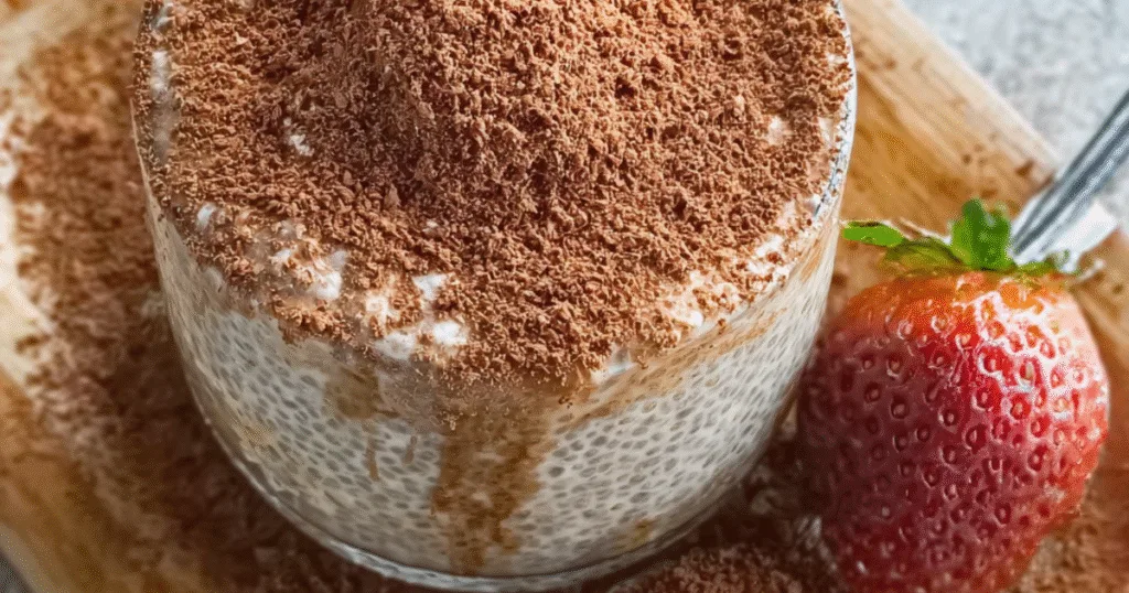 Meal prep tiramisu chia pudding in a glass container
