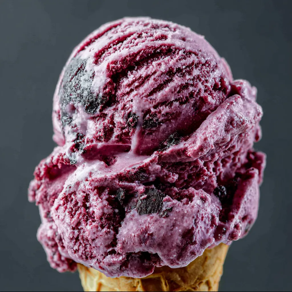 Scoop of black raspberry ice cream on a cone with rich berry texture