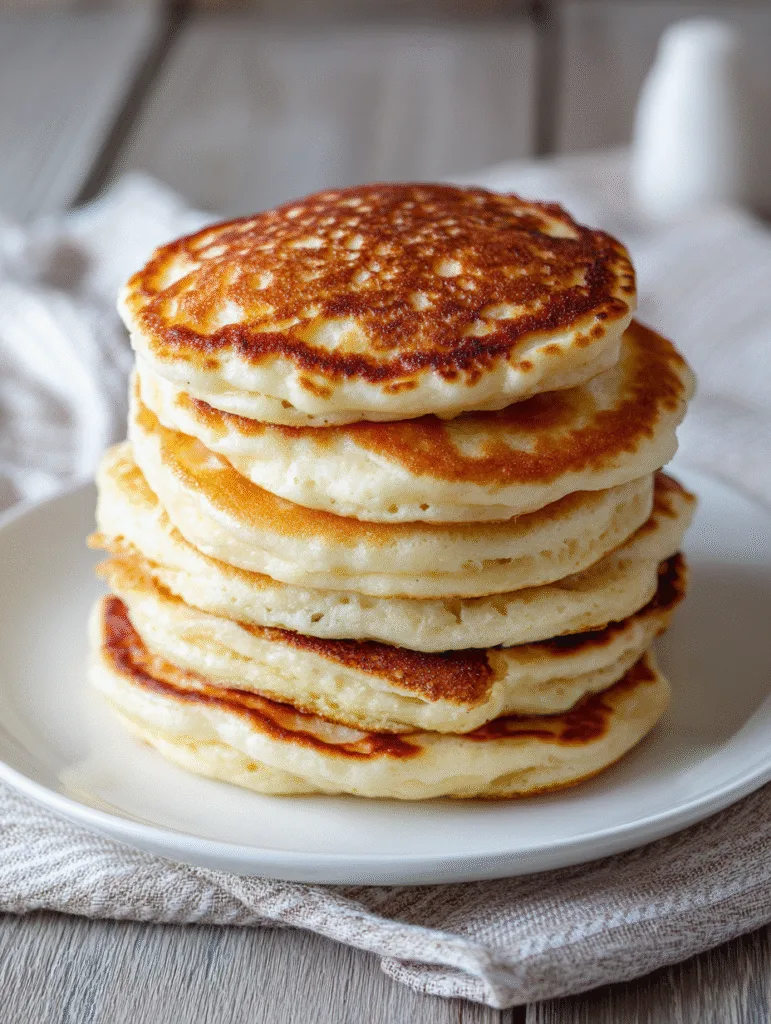 Classic stack of fluffy cottage cheese pancakes on white plate