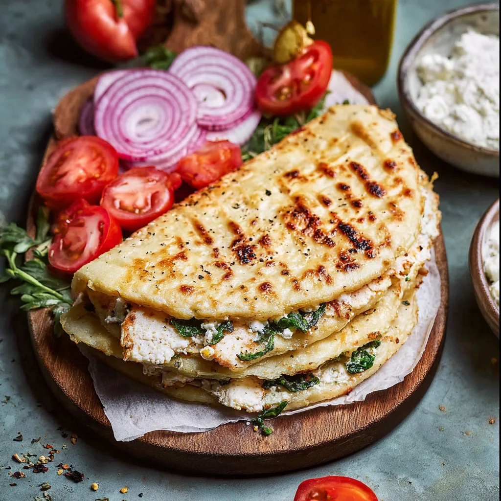 Folded flatbread filled with cottage cheese, grilled chicken, spinach, and tomatoes