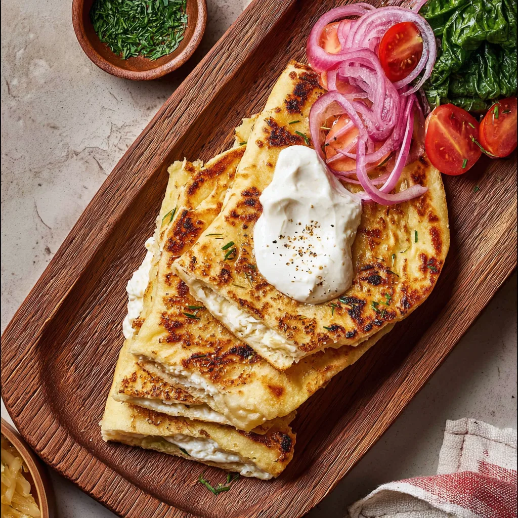 Cottage cheese flatbread cut and served with sour cream, red onion, and tomatoes