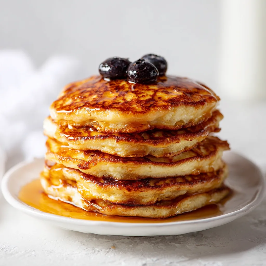 Stack of cottage cheese pancakes drizzled with maple syrup and topped with blueberries
