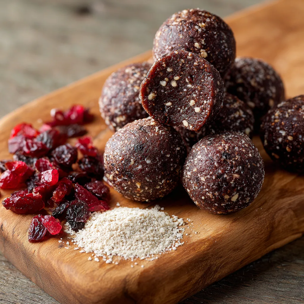 Protein balls with visible oat and cranberry bits