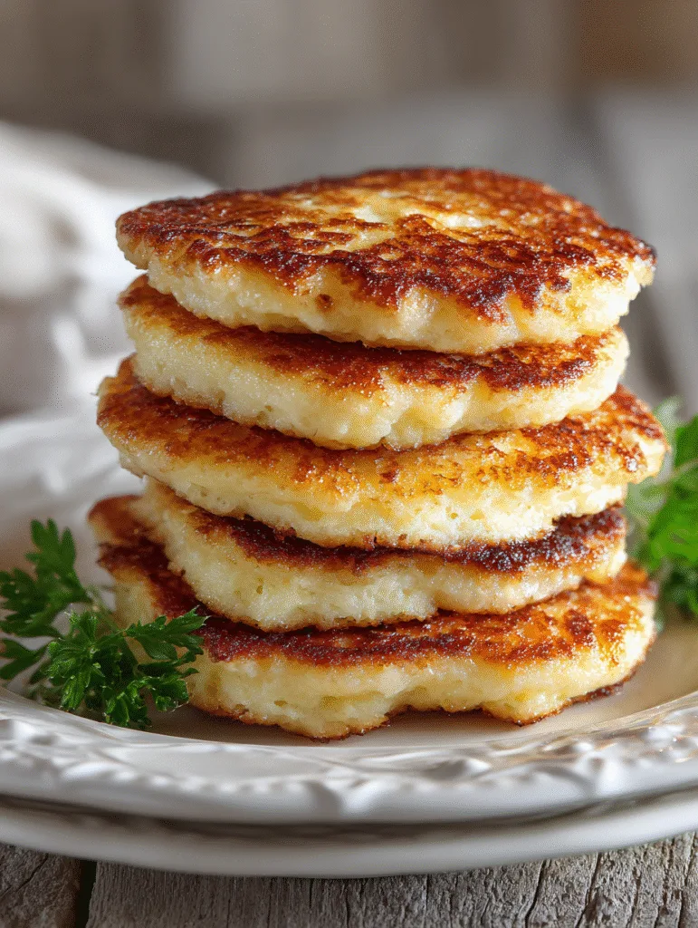 Crispy-edged cottage cheese pancakes stacked on a vintage plate