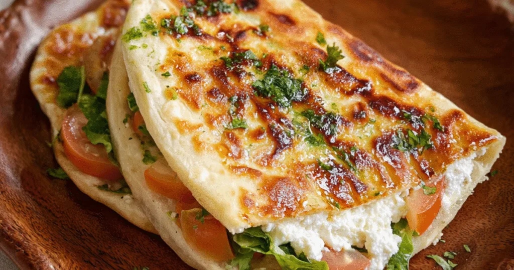Crispy cottage cheese flatbread stuffed with tomato and lettuce on a wooden plate