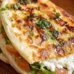 Crispy cottage cheese flatbread stuffed with tomato and lettuce on a wooden plate
