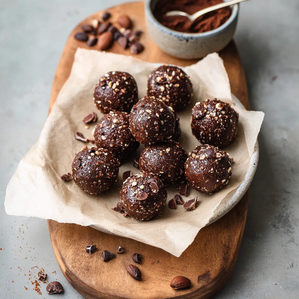 viral Brownie protein balls with crushed almonds and cocoa nibs