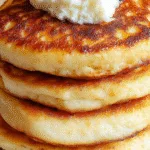 Fluffy cottage cheese pancakes topped with blueberries and cottage cheese