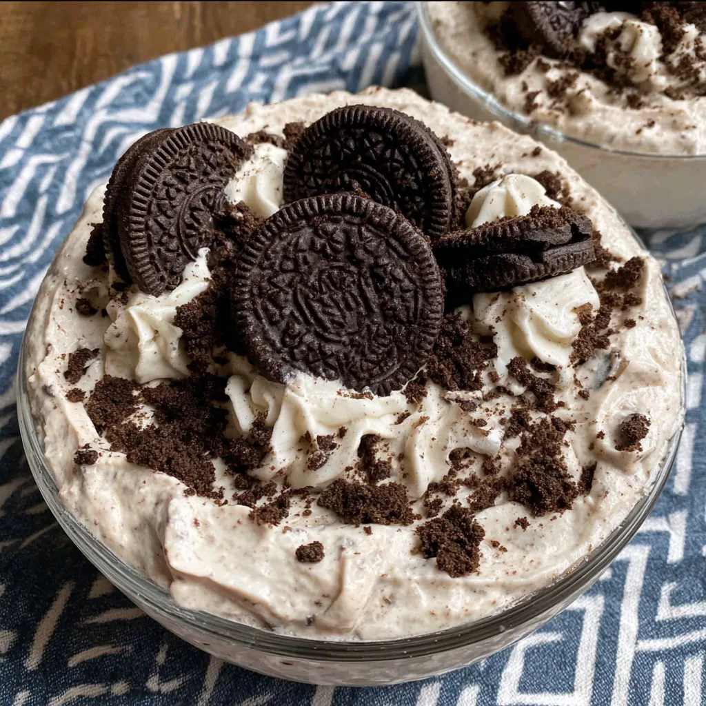 bowl of healthy Oreo fluff topped with multiple Oreo cookies