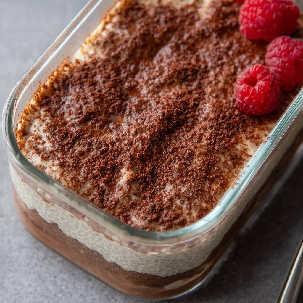 Tiramisu chia pudding in heart-shaped glass topped with strawberries