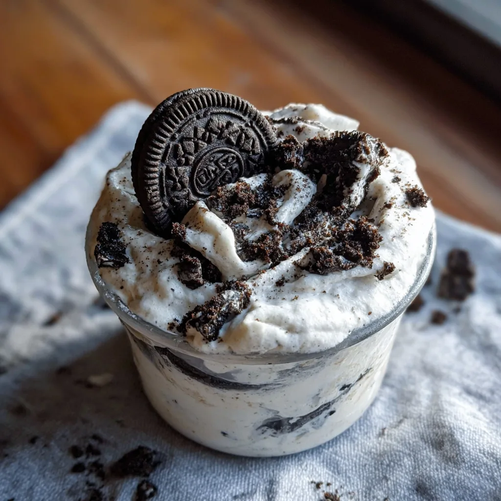 Individual serving of healthy Oreo fluff topped with a whole Oreo cookie