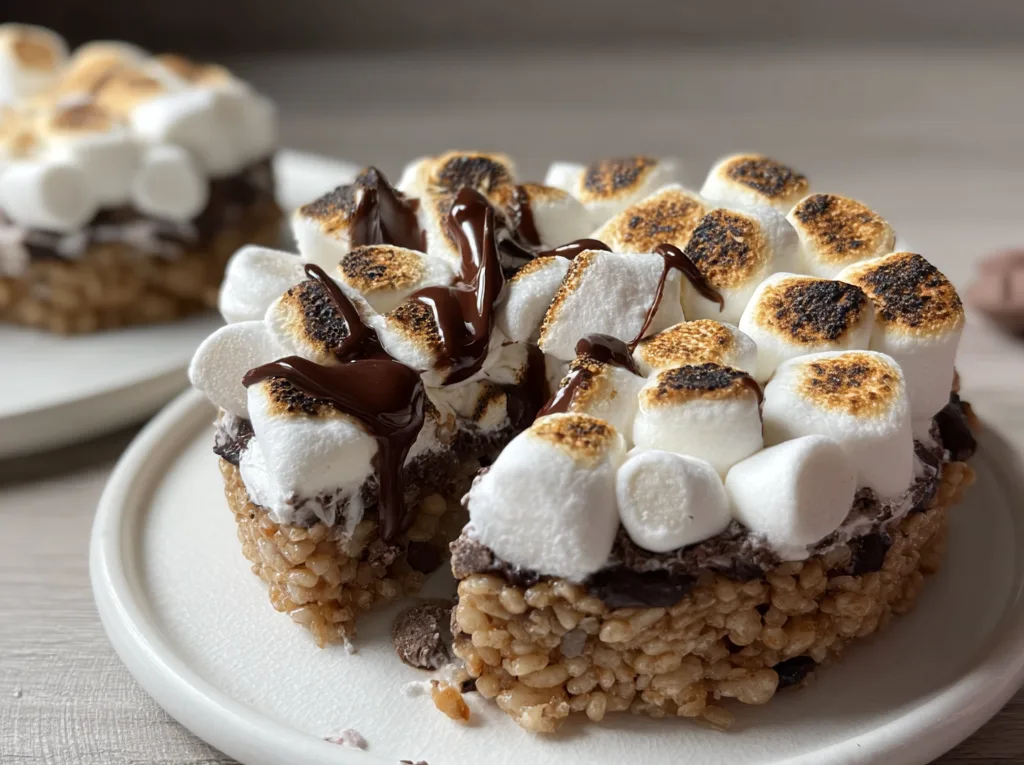 High protein s’mores rice cakes topped with toasted marshmallows and chocolate drizzle
