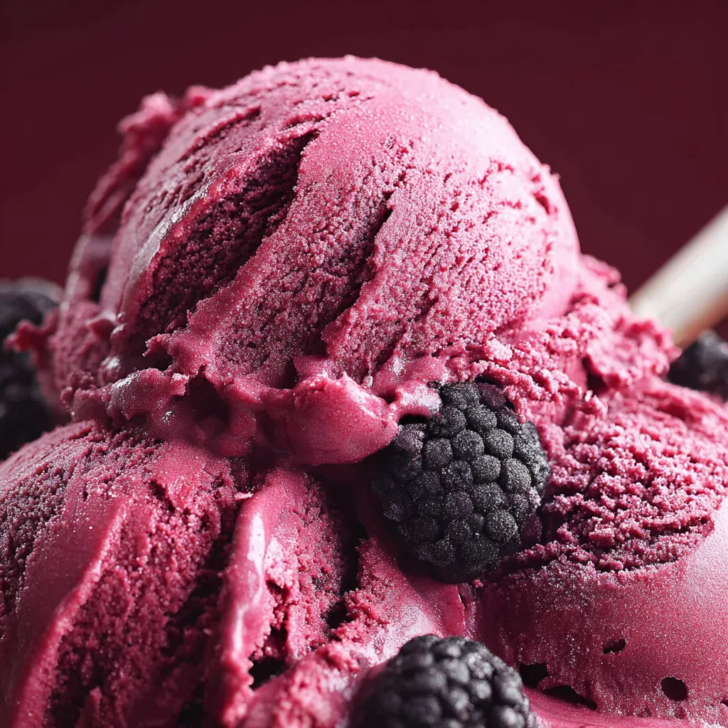 Macro shot of rich purple black raspberry ice cream and berries
