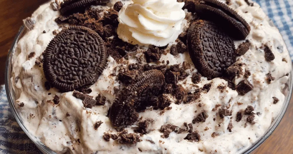 No-bake Oreo fluff dessert in a glass bowl topped with whole Oreos