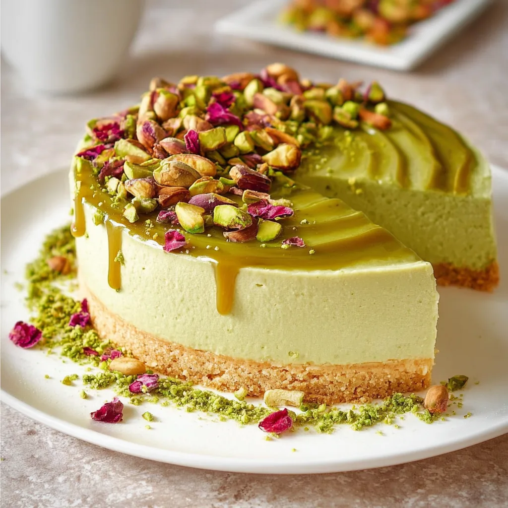 Whole pistachio cheesecake topped with chopped pistachios and rose petals