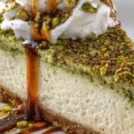 Pistachio cheesecake slice with pistachio crumb topping and caramel drizzle