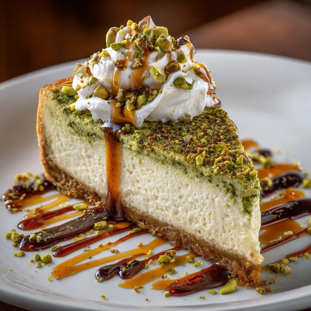 Pistachio cheesecake slice with pistachio crumb topping and caramel drizzle