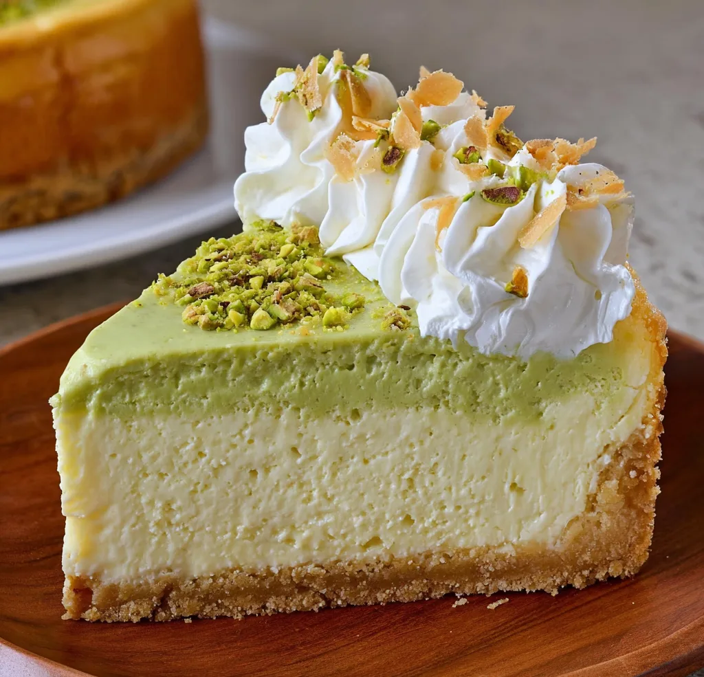 Slice of pistachio cheesecake with whipped cream topping