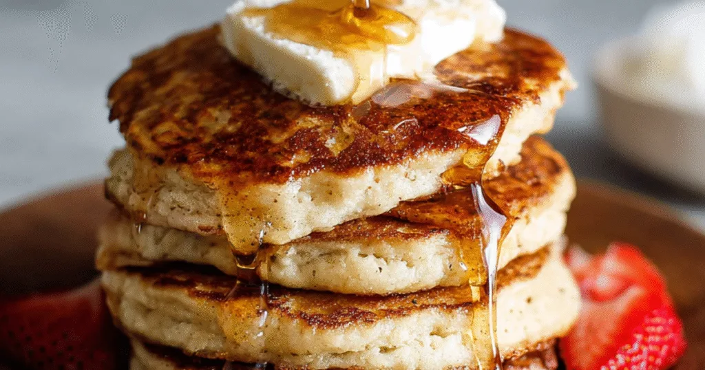 Stacked fluffy greek yogurt pancakes butter syrup strawberries