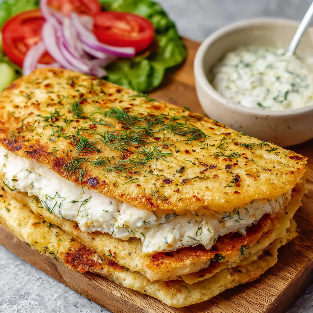 Cottage cheese flatbread layered with dill dip and topped with fresh herbs
