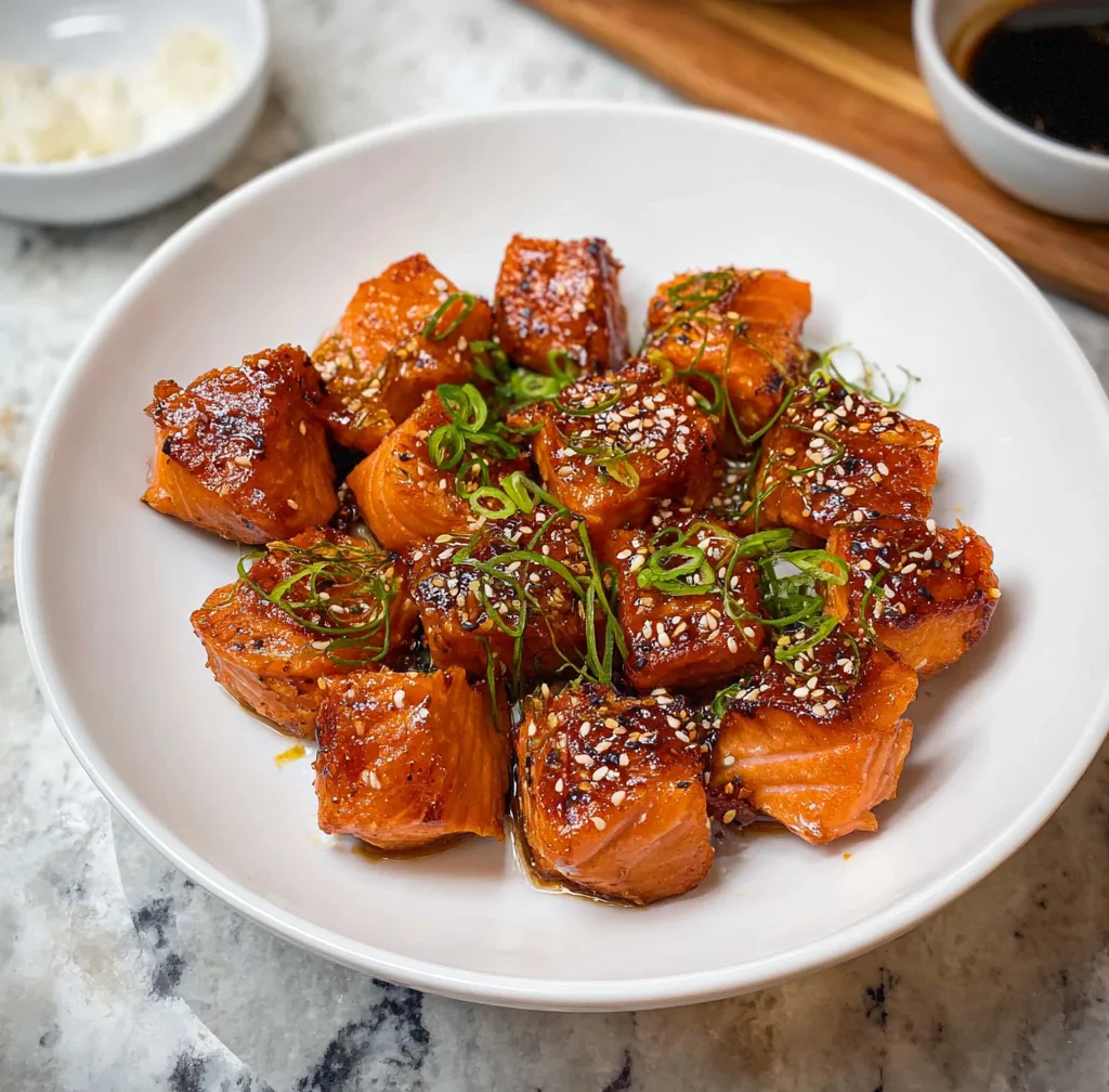 Teriyaki salmon bites topped with sesame seeds and sliced green onions in a white bowl